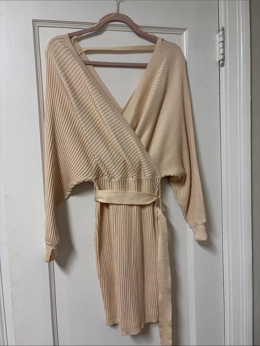 Love Tree Beige Ribbed Knit Midi Dress with Belt